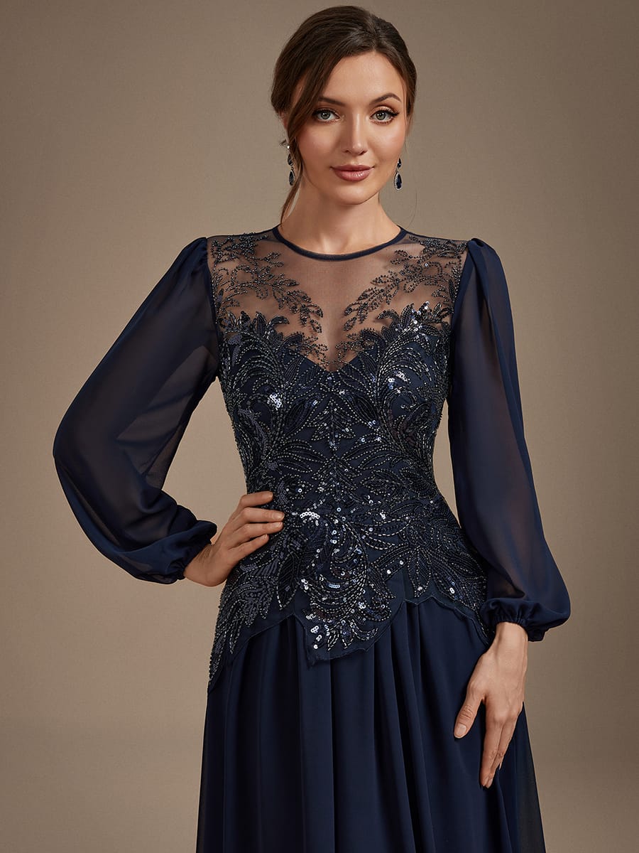 Beaded Tulle Puff Sleeve Dress #color_Navy Blue