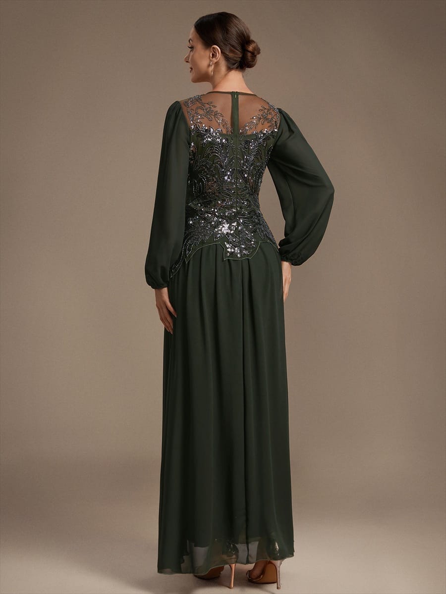 Beaded Tulle Puff Sleeve Dress #color_Olive Green