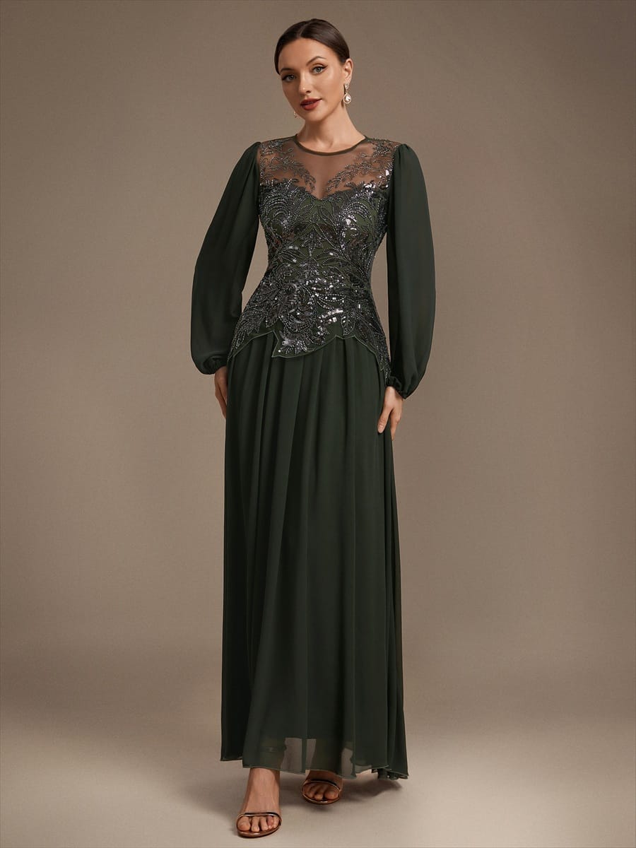 Beaded Tulle Puff Sleeve Dress #color_Olive Green