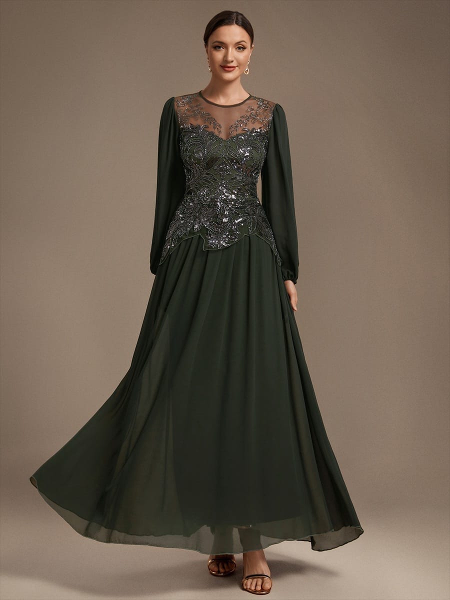 Beaded Tulle Puff Sleeve Dress #color_Olive Green