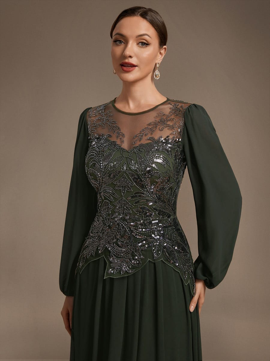 Beaded Tulle Puff Sleeve Dress #color_Olive Green