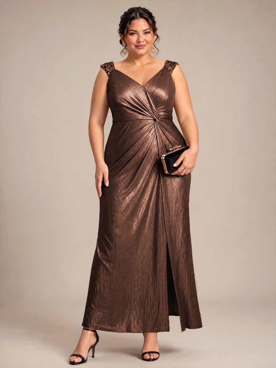 Jersey Maxi V Neckline Sleeveless Evening Dress #color_Chocolate brown