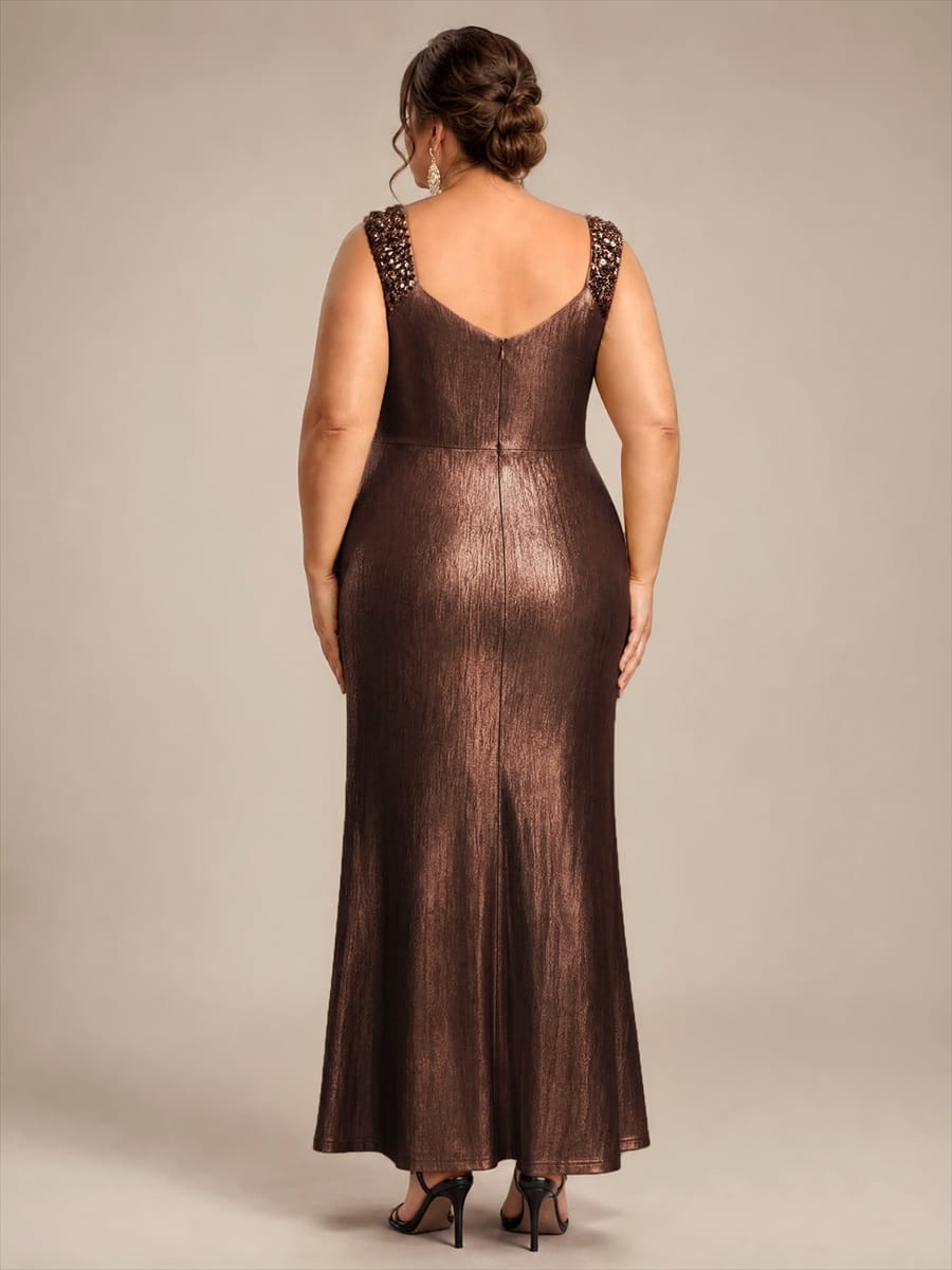 Jersey Maxi V Neckline Sleeveless Evening Dress #color_Chocolate brown