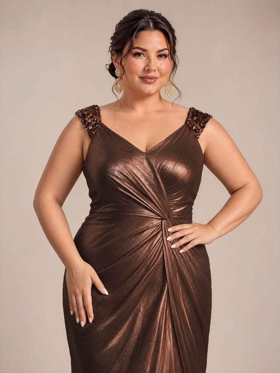 Jersey Maxi V Neckline Sleeveless Evening Dress #color_Chocolate brown