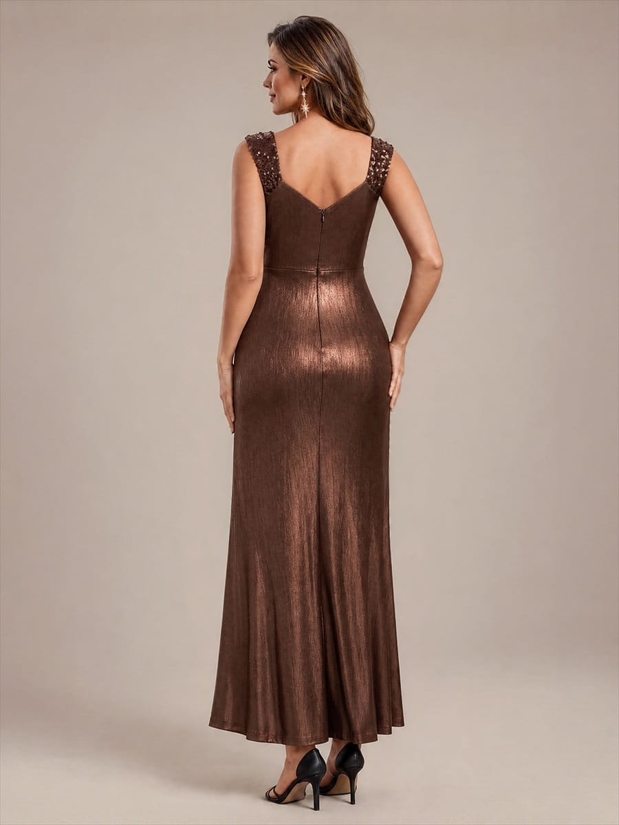 Jersey Maxi V Neckline Sleeveless Evening Dress #color_Chocolate brown