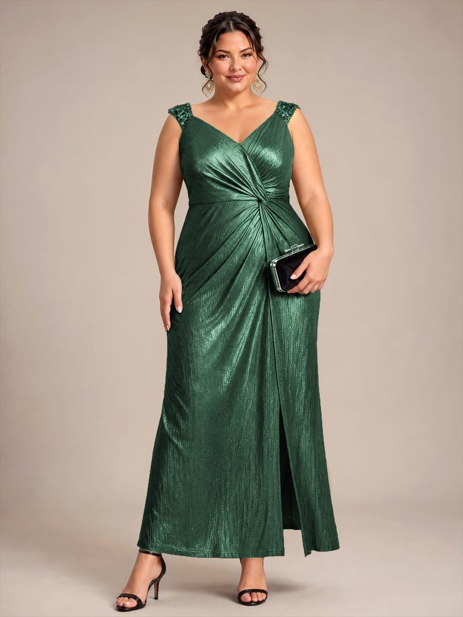 Jersey Maxi V Neckline Sleeveless Evening Dress #color_Dark Green