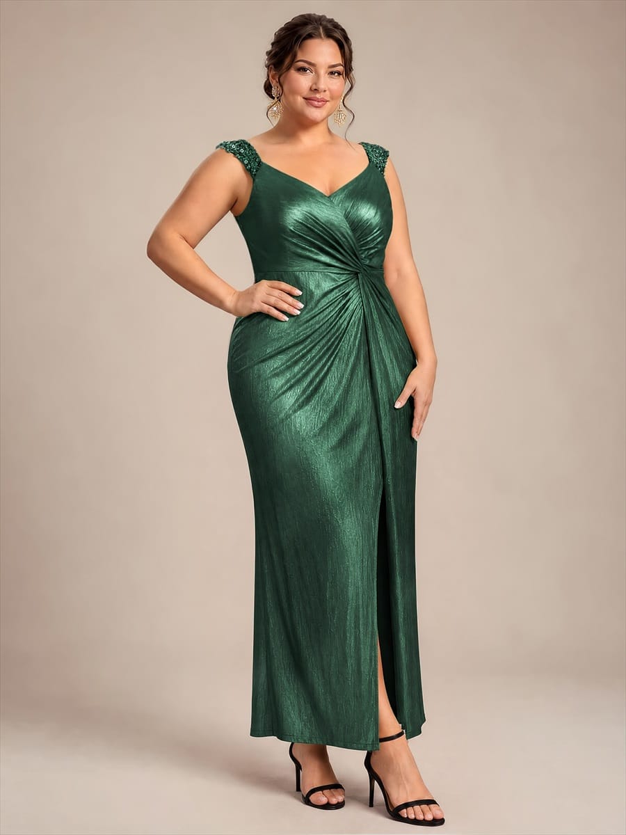 Jersey Maxi V Neckline Sleeveless Evening Dress #color_Dark Green