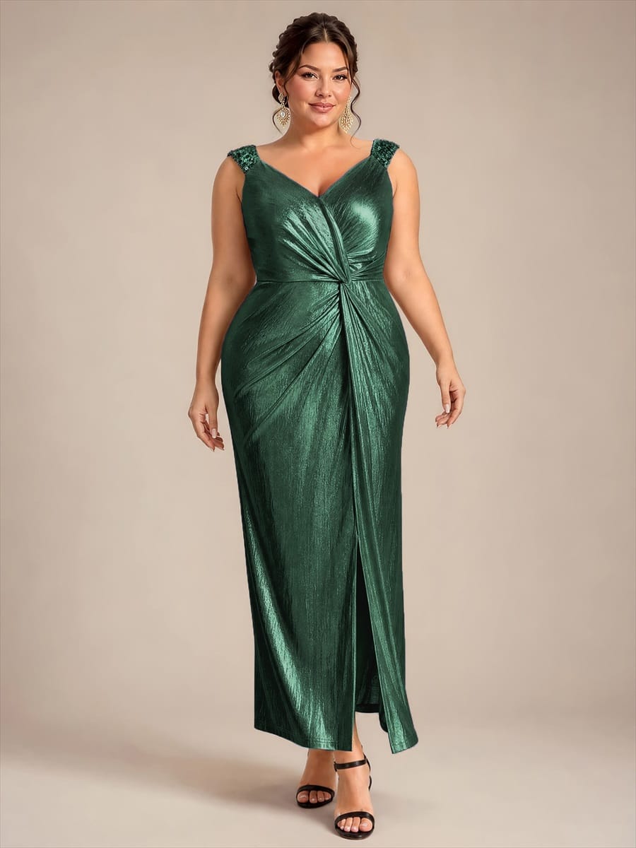 Jersey Maxi V Neckline Sleeveless Evening Dress #color_Dark Green