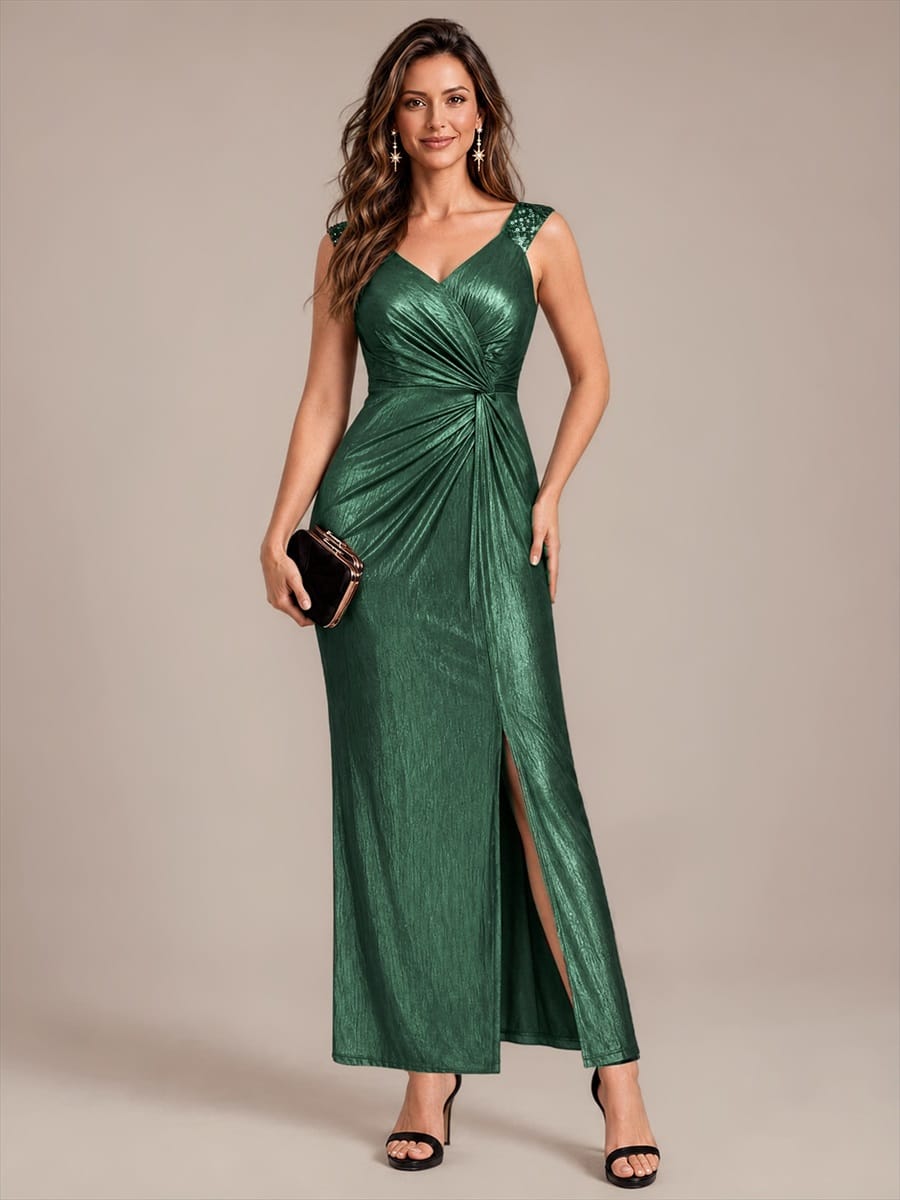 Jersey Maxi V Neckline Sleeveless Evening Dress #color_Dark Green