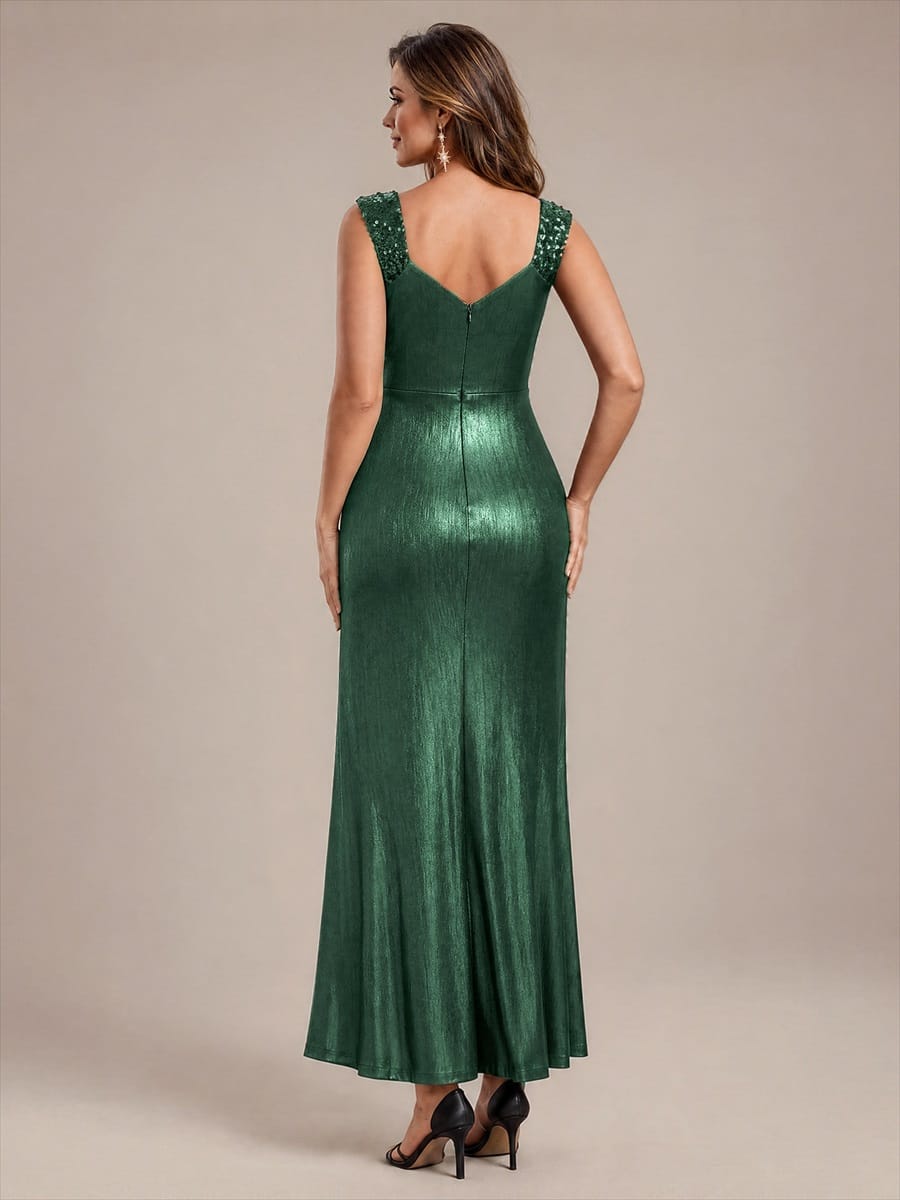 Jersey Maxi V Neckline Sleeveless Evening Dress #color_Dark Green