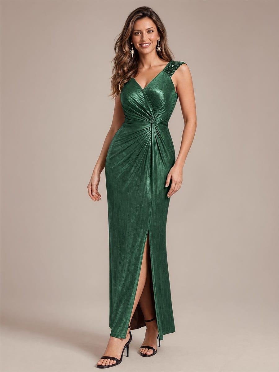 Jersey Maxi V Neckline Sleeveless Evening Dress #color_Dark Green