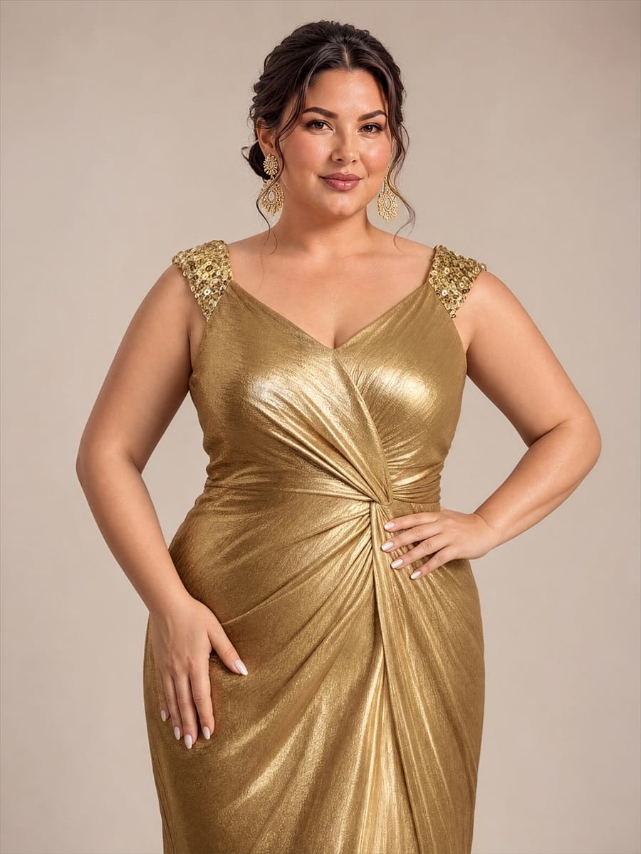 Jersey Maxi V Neckline Sleeveless Evening Dress #color_Gold
