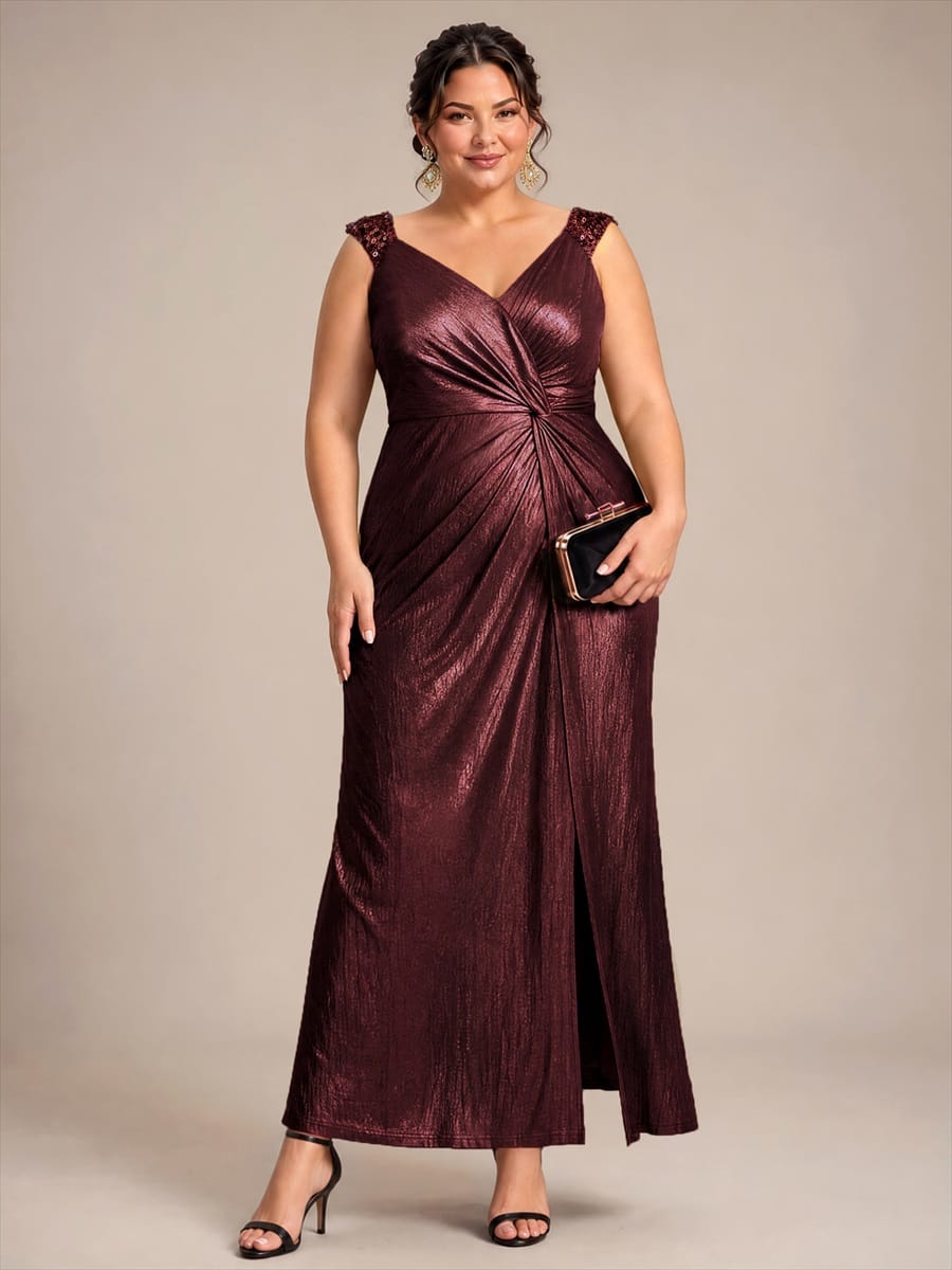 Jersey Maxi V Neckline Sleeveless Evening Dress #color_Mahogany Brown