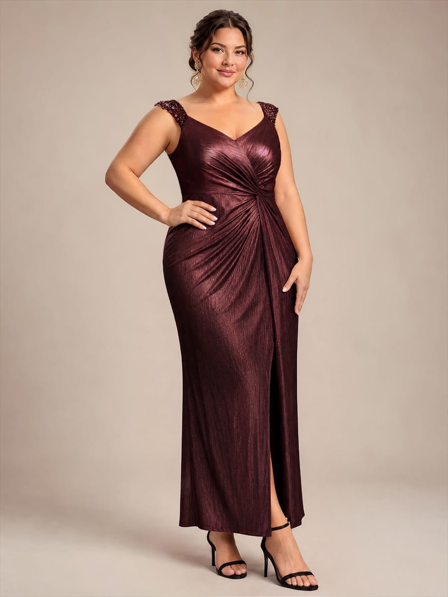 Jersey Maxi V Neckline Sleeveless Evening Dress #color_Mahogany Brown