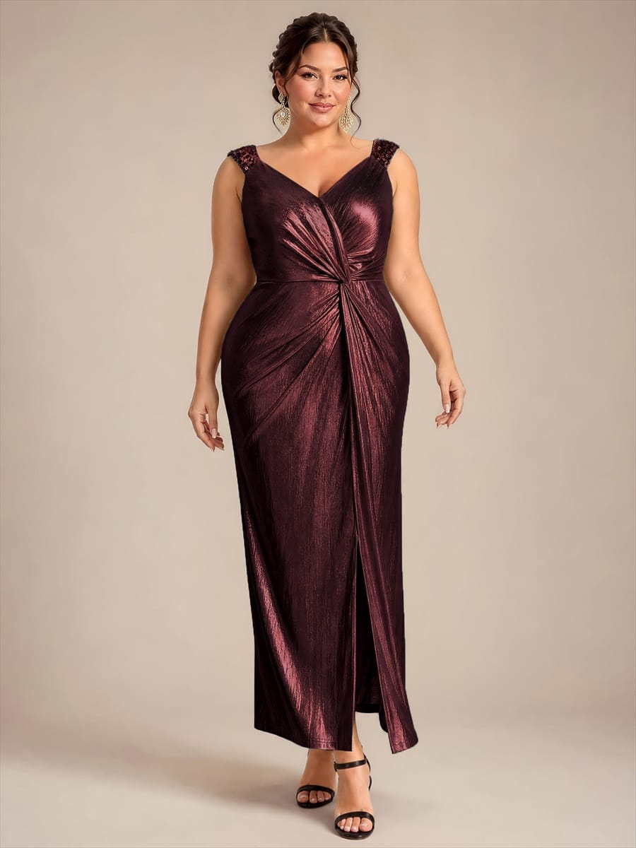 Jersey Maxi V Neckline Sleeveless Evening Dress #color_Mahogany Brown