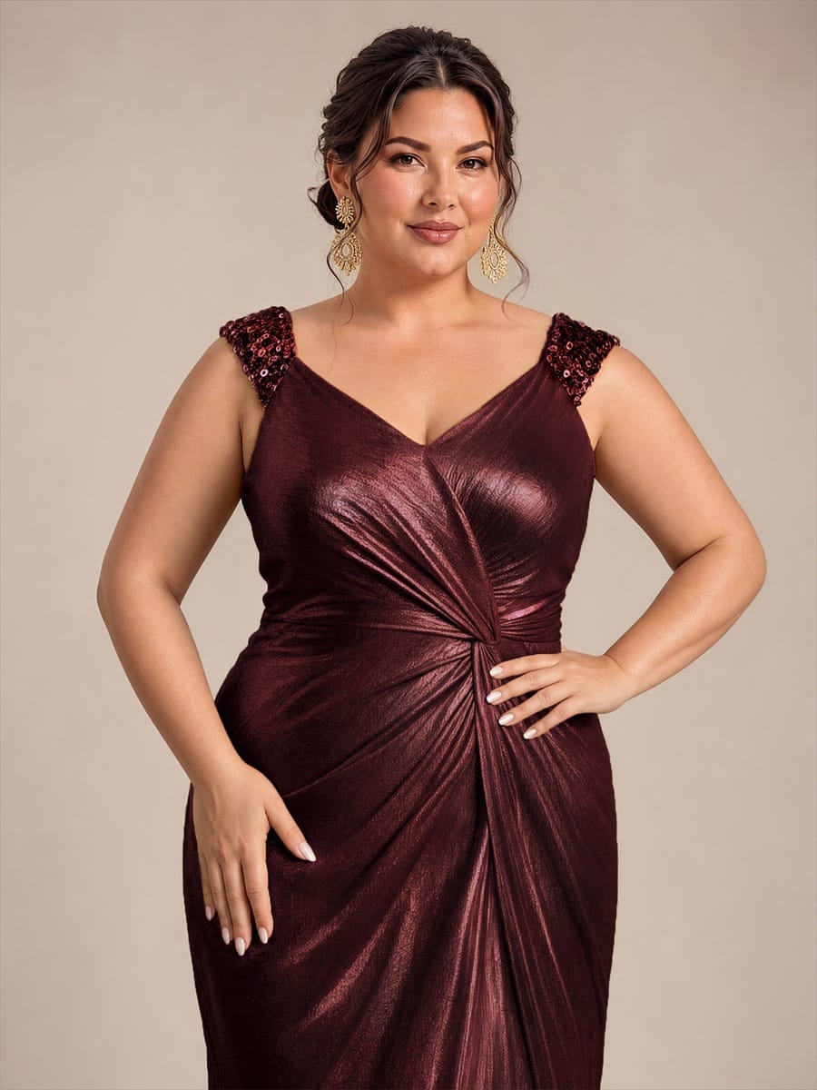 Jersey Maxi V Neckline Sleeveless Evening Dress #color_Mahogany Brown