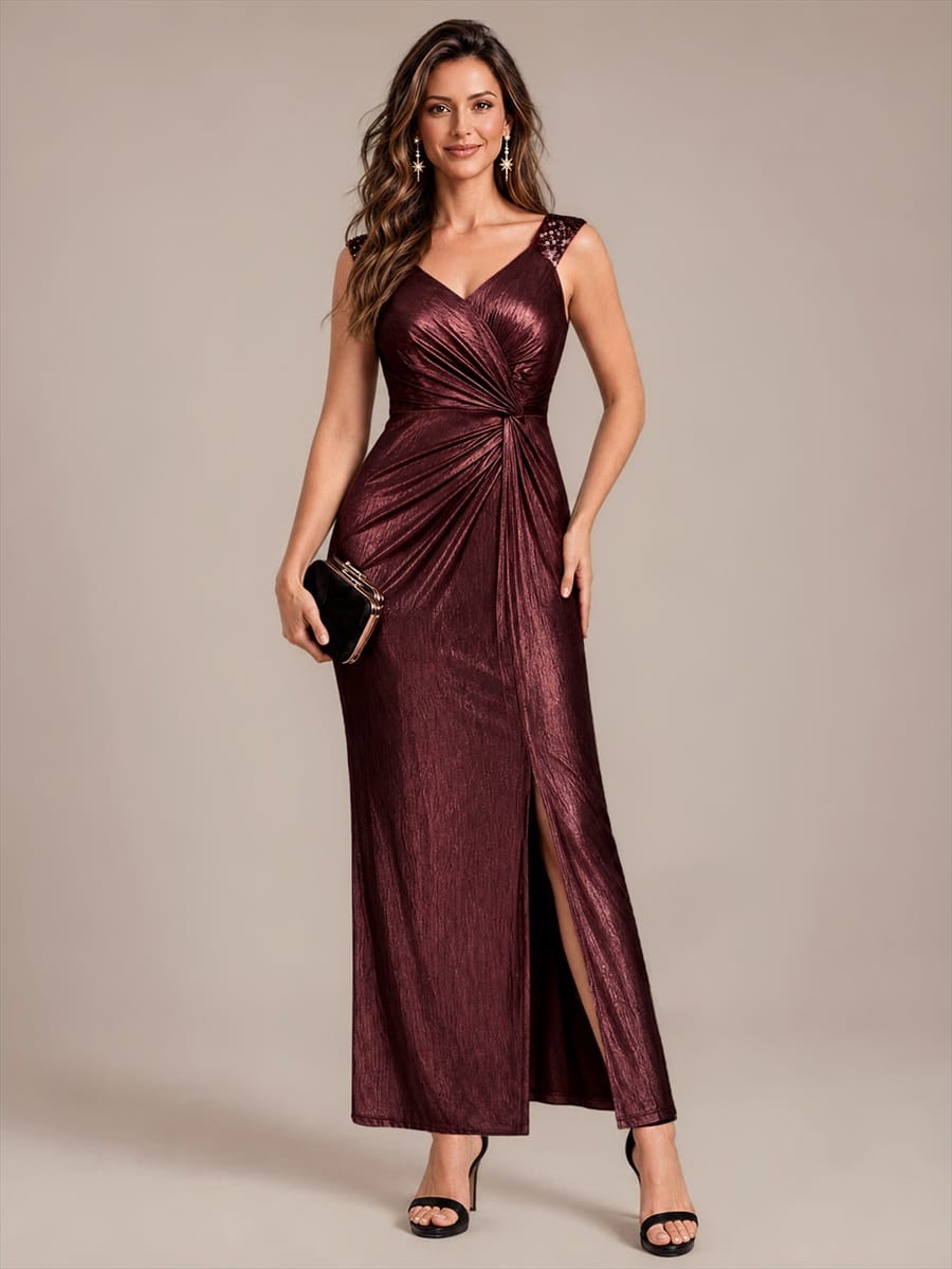 Jersey Maxi V Neckline Sleeveless Evening Dress #color_Mahogany Brown