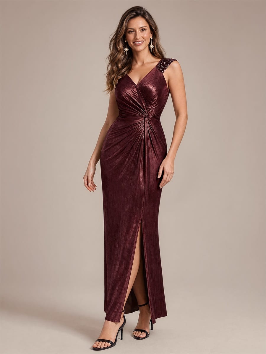 Jersey Maxi V Neckline Sleeveless Evening Dress #color_Mahogany Brown