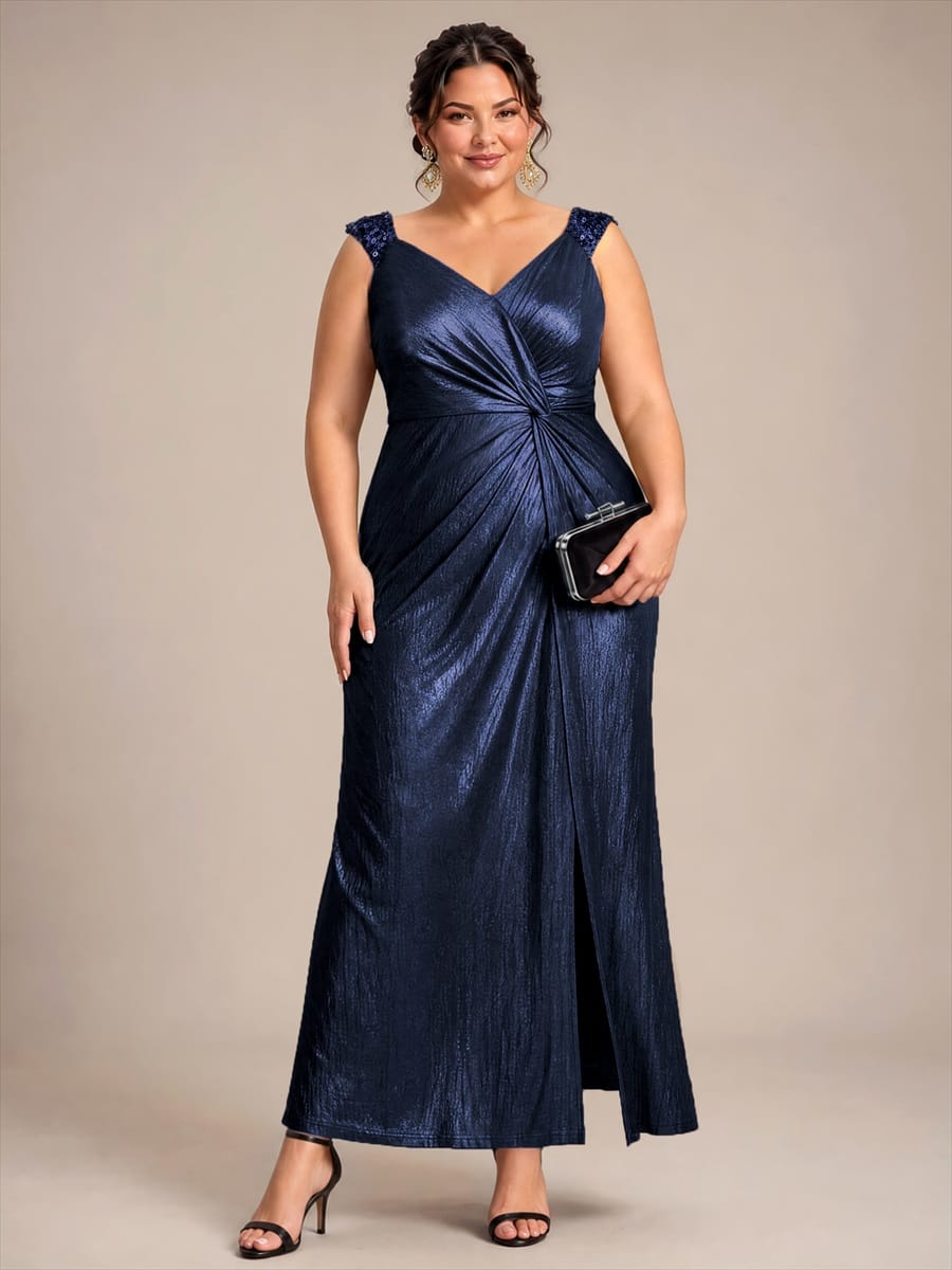 Jersey Maxi V Neckline Sleeveless Evening Dress #color_Navy Blue