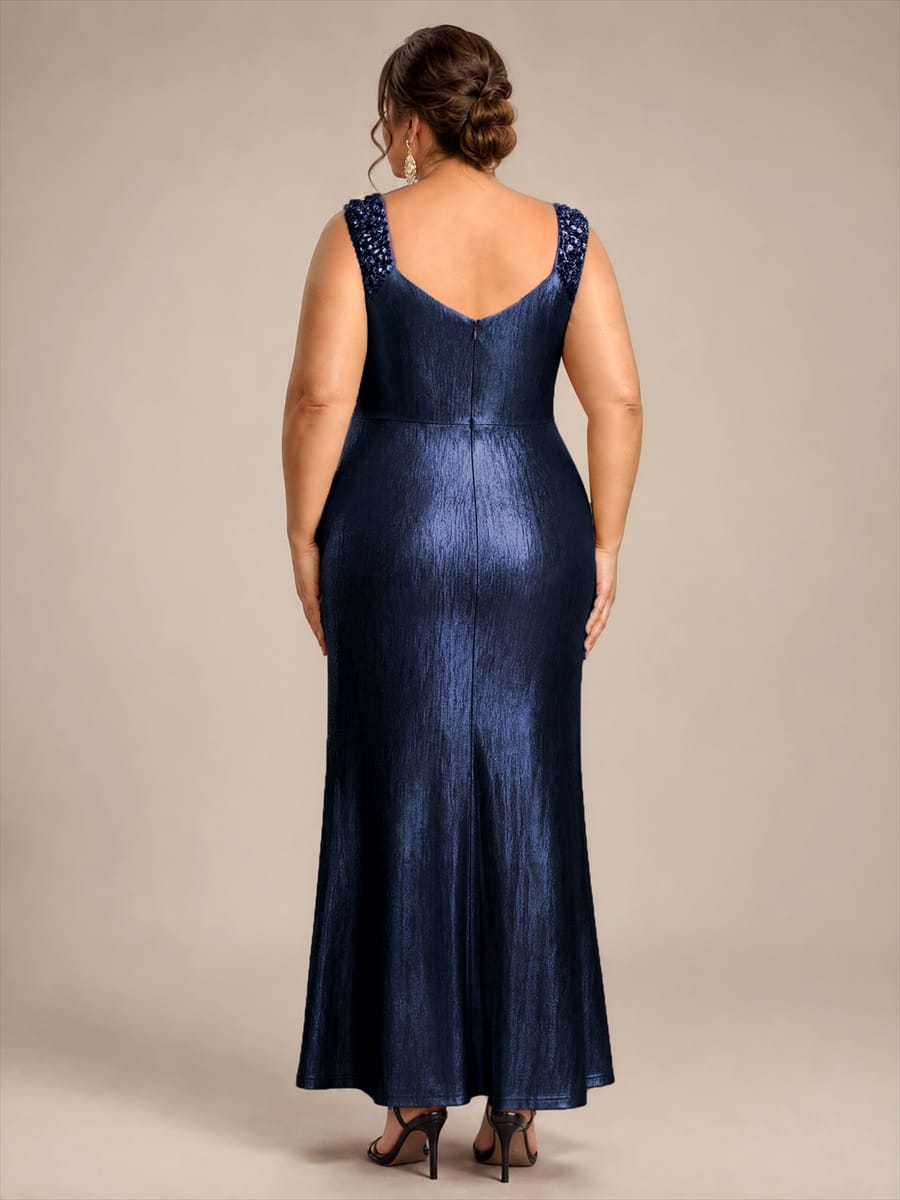 Jersey Maxi V Neckline Sleeveless Evening Dress #color_Navy Blue