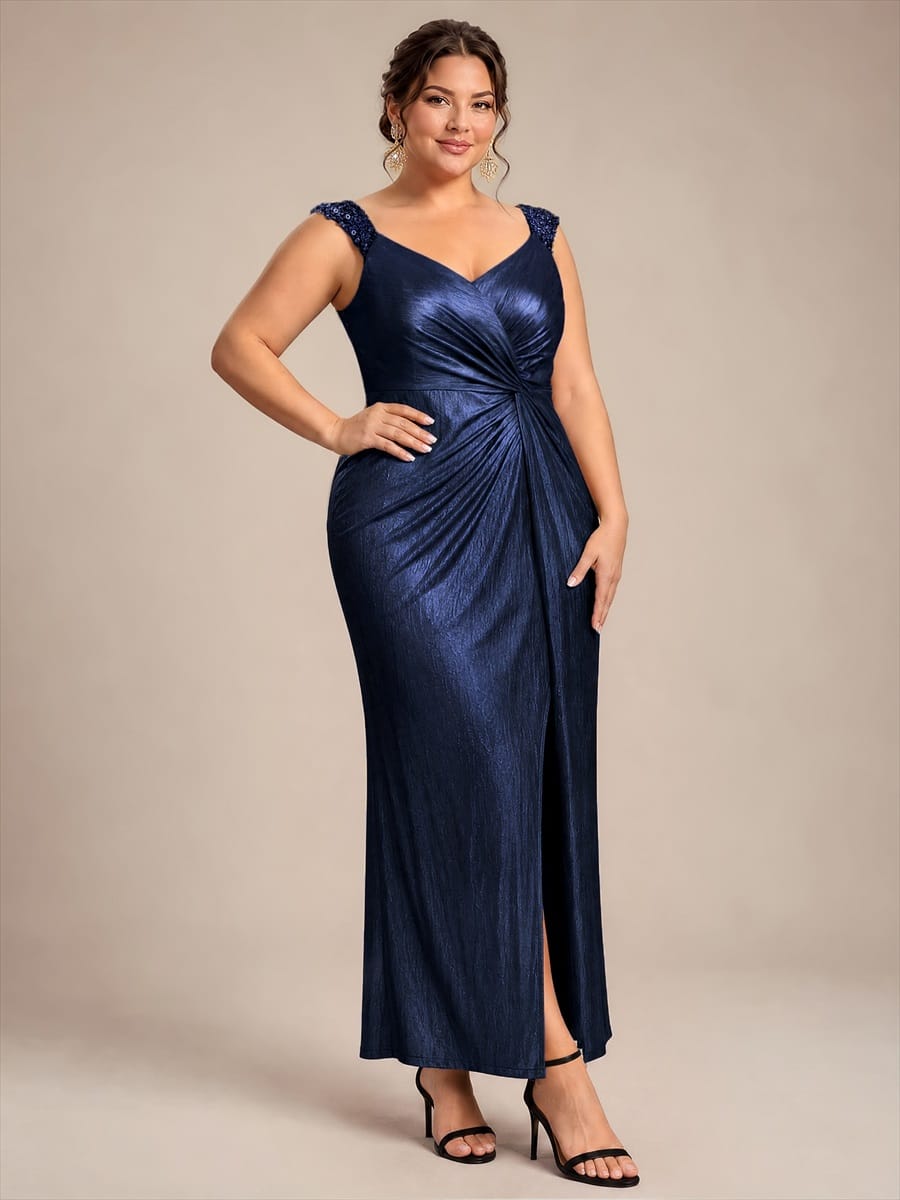 Jersey Maxi V Neckline Sleeveless Evening Dress #color_Navy Blue