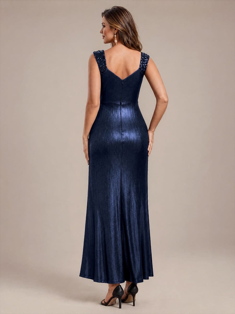 Jersey Maxi V Neckline Sleeveless Evening Dress #color_Navy Blue