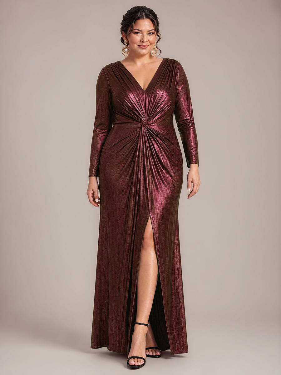 Knot Detail,Slit Jersey Maxi V Neckline Fitted Sleeves Evening Dress #color_Mahogany Brown