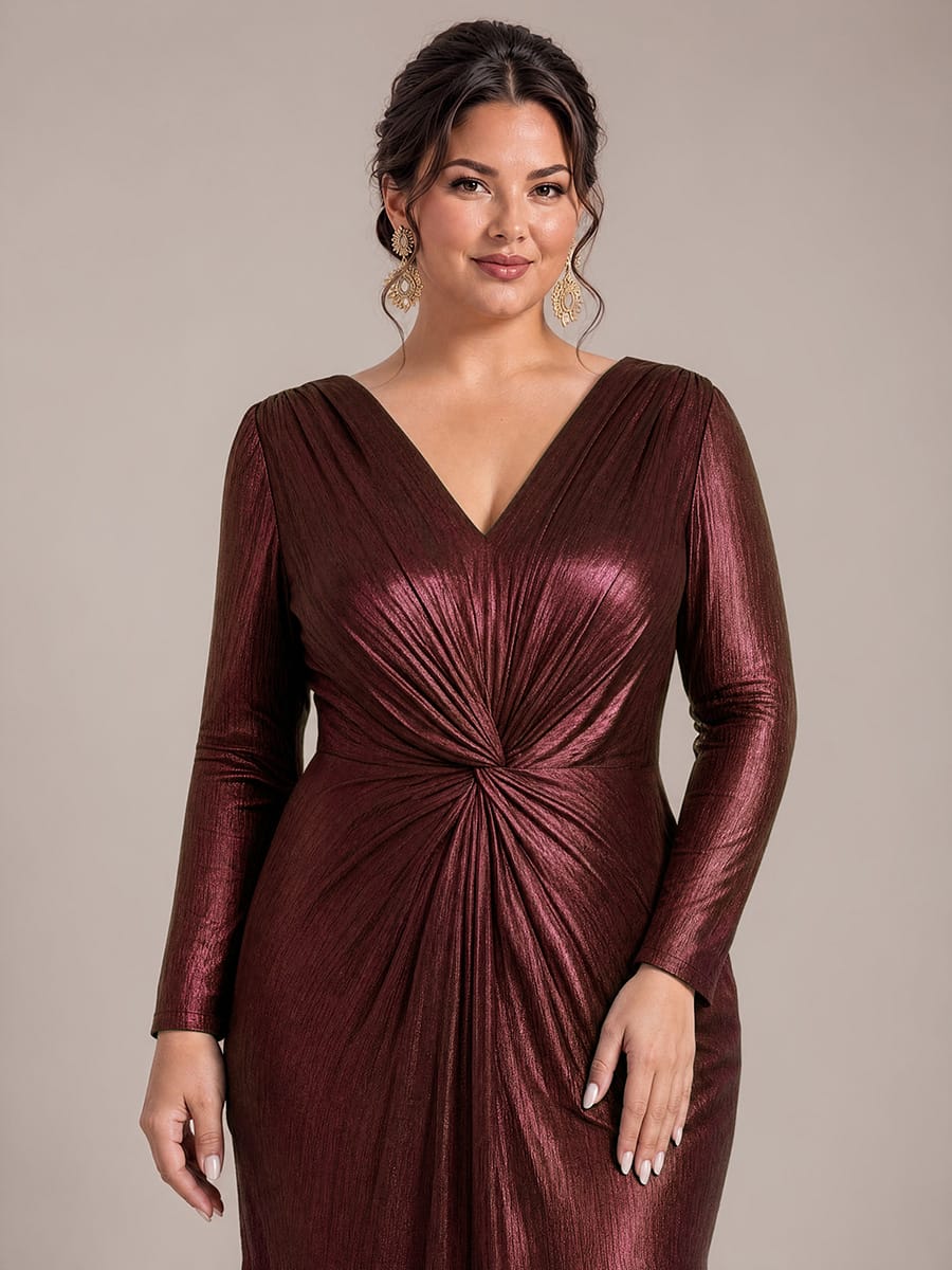 Knot Detail,Slit Jersey Maxi V Neckline Fitted Sleeves Evening Dress #color_Mahogany Brown