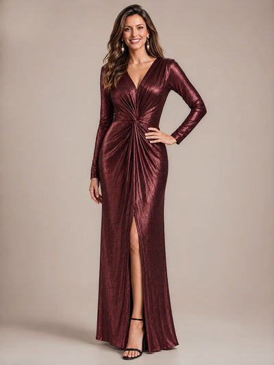 Twist Front V Neck Long Sleeve Evening Dress