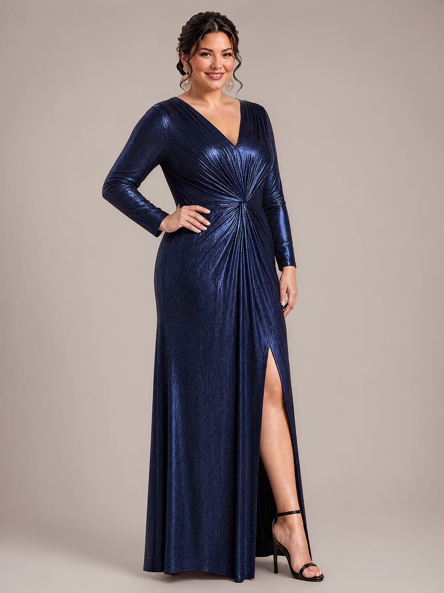 Knot Detail,Slit Jersey Maxi V Neckline Fitted Sleeves Evening Dress #color_Navy Blue