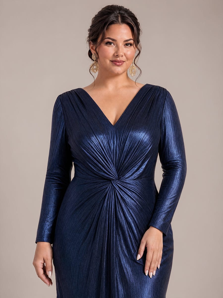 Knot Detail,Slit Jersey Maxi V Neckline Fitted Sleeves Evening Dress #color_Navy Blue
