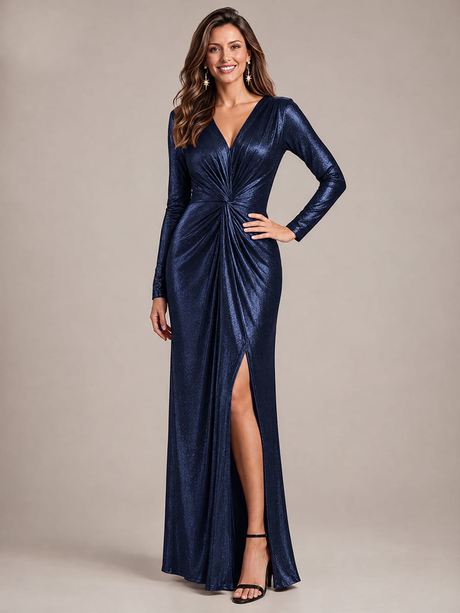 Knot Detail,Slit Jersey Maxi V Neckline Fitted Sleeves Evening Dress #color_Navy Blue
