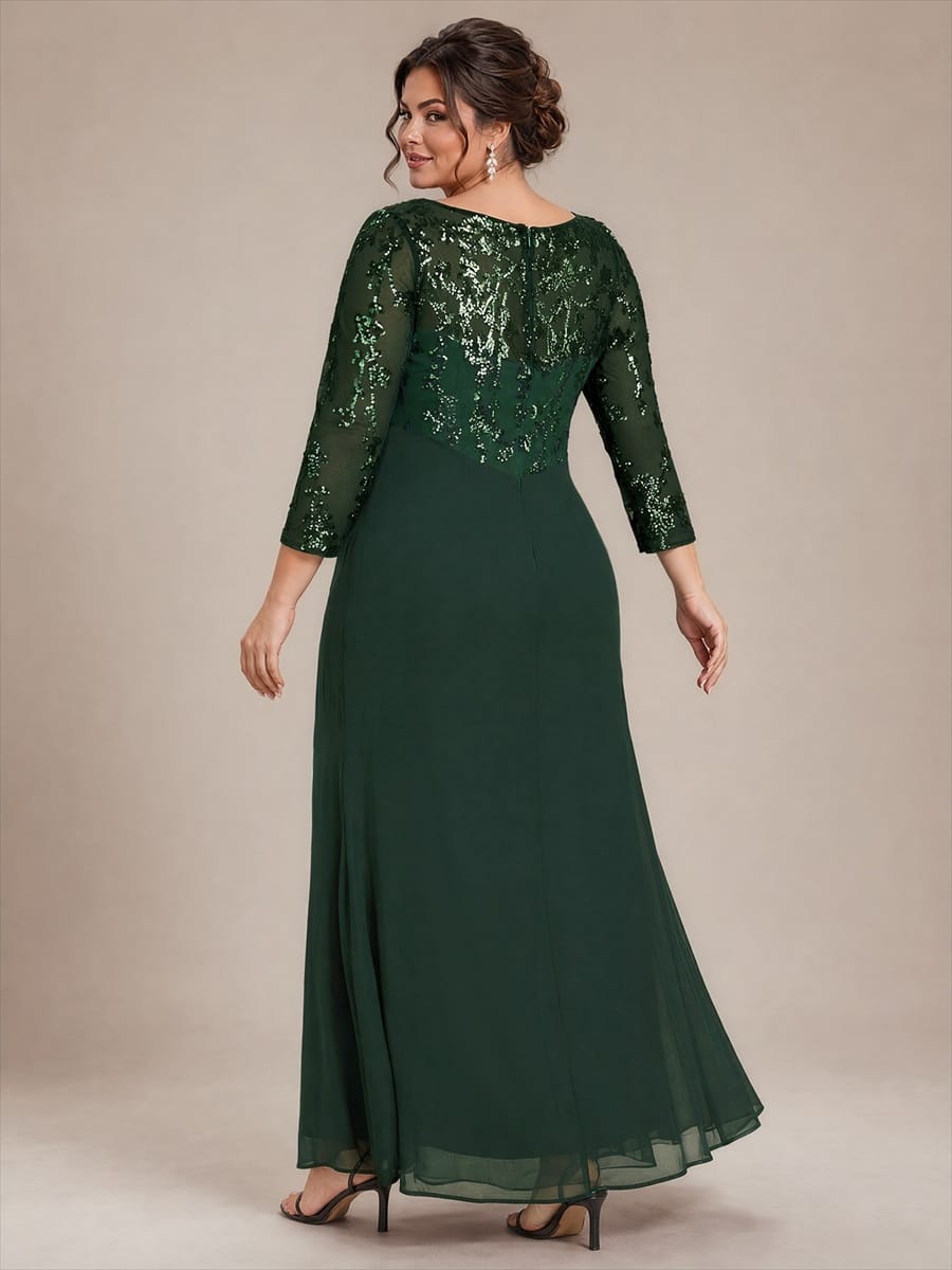 Knot Detail Sequin Maxi Round Neckline Fitted Sleeves Evening Dress #color_Dark Forest Green