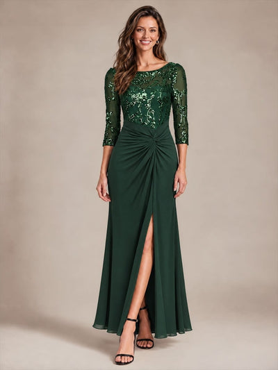 Sequin Bodice Twist Front Long Evening Dress