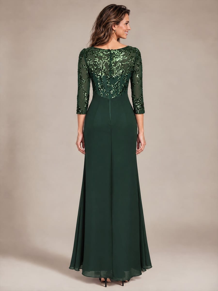 Knot Detail Sequin Maxi Round Neckline Fitted Sleeves Evening Dress #color_Dark Forest Green