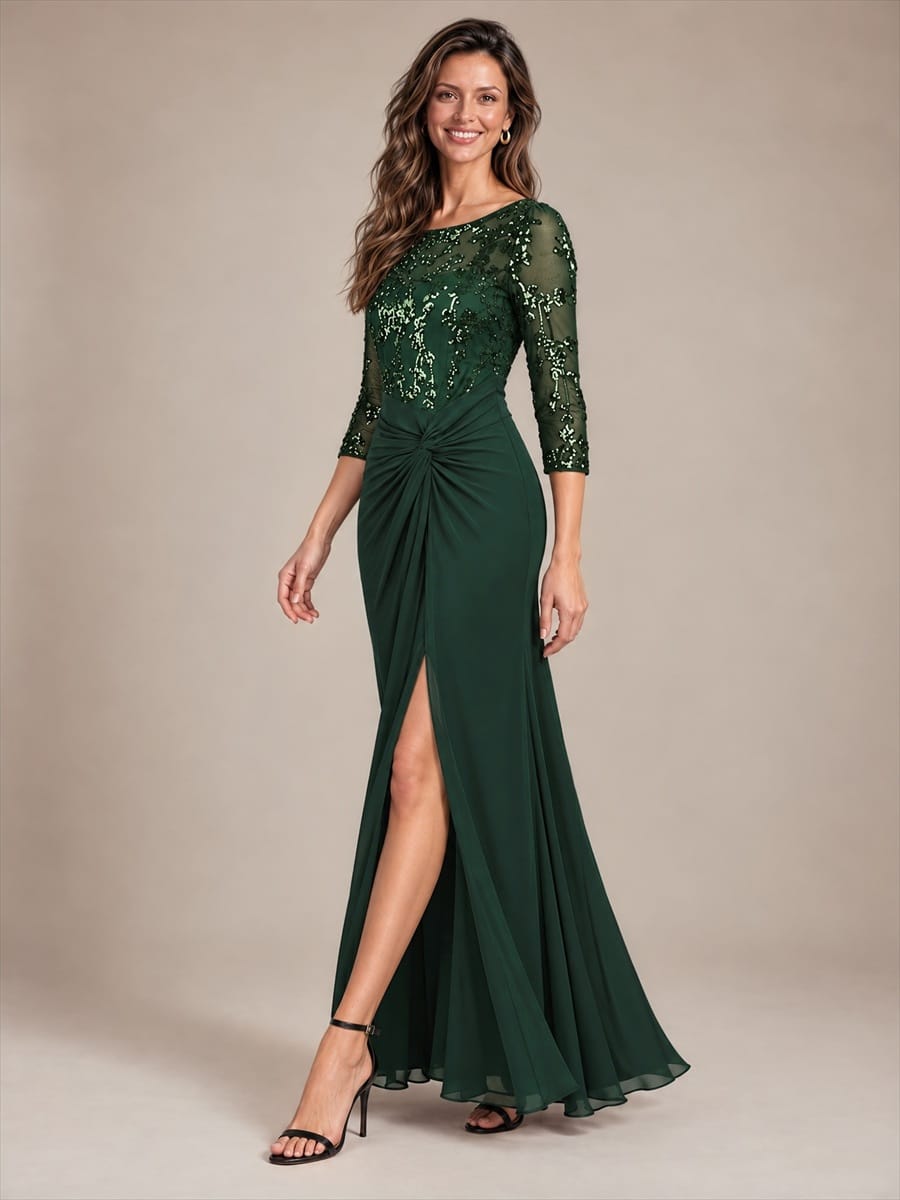 Knot Detail Sequin Maxi Round Neckline Fitted Sleeves Evening Dress #color_Dark Forest Green