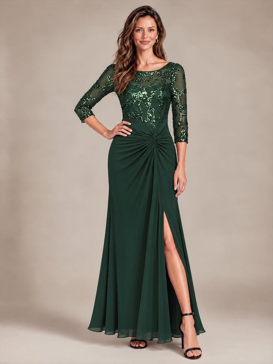 Knot Detail Sequin Maxi Round Neckline Fitted Sleeves Evening Dress #color_Dark Forest Green