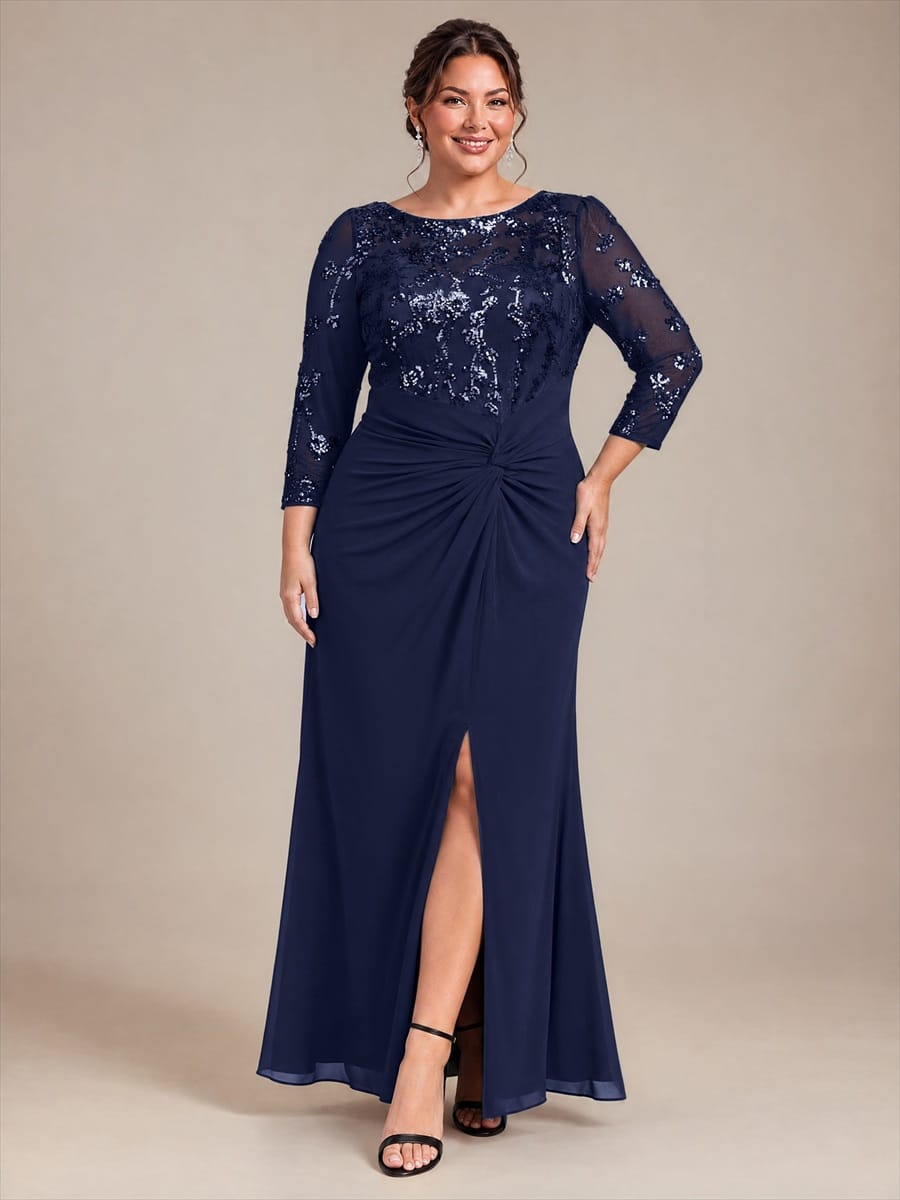 Knot Detail Sequin Maxi Round Neckline Fitted Sleeves Evening Dress #color_Navy Blue