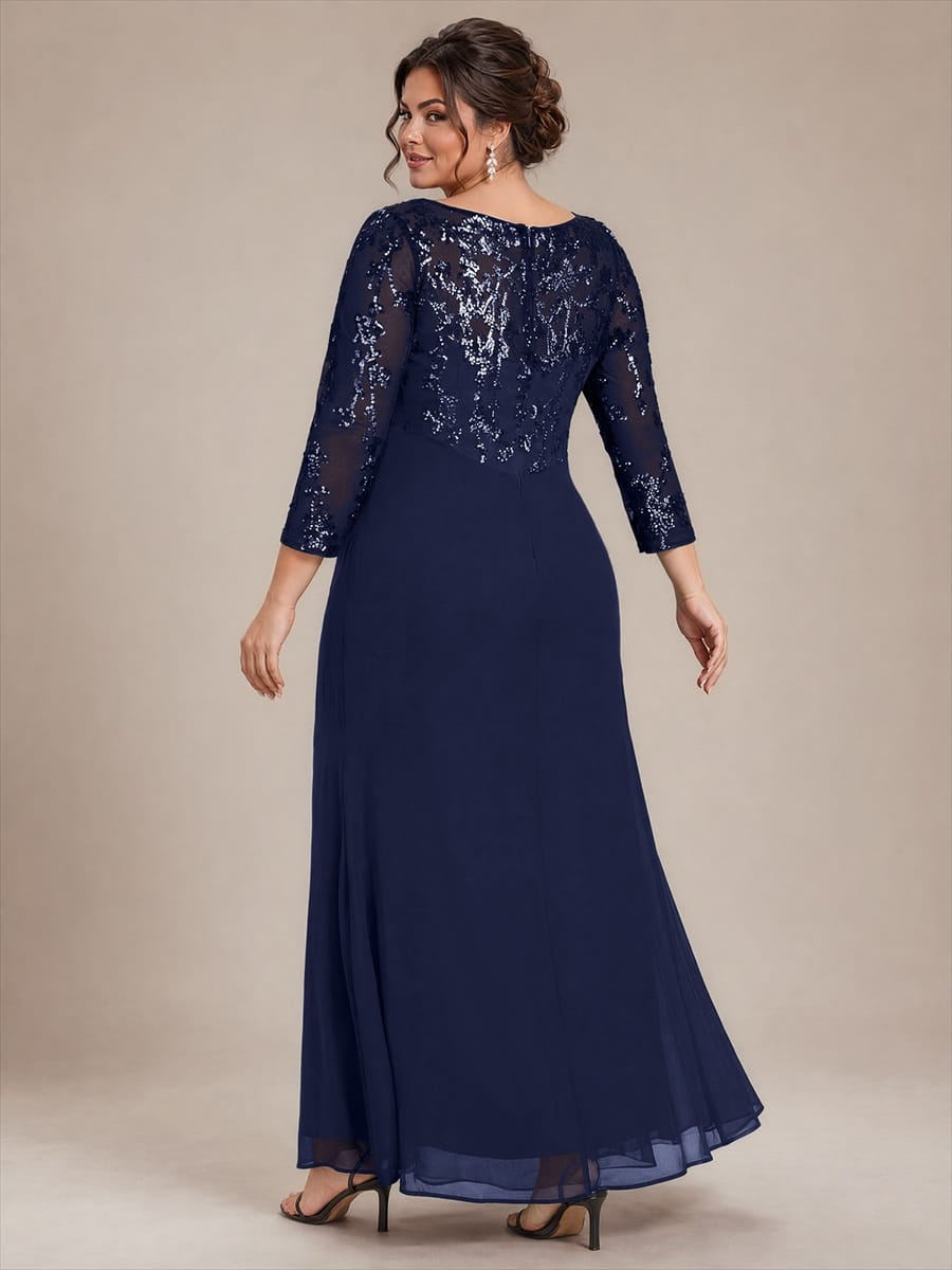 Knot Detail Sequin Maxi Round Neckline Fitted Sleeves Evening Dress #color_Navy Blue
