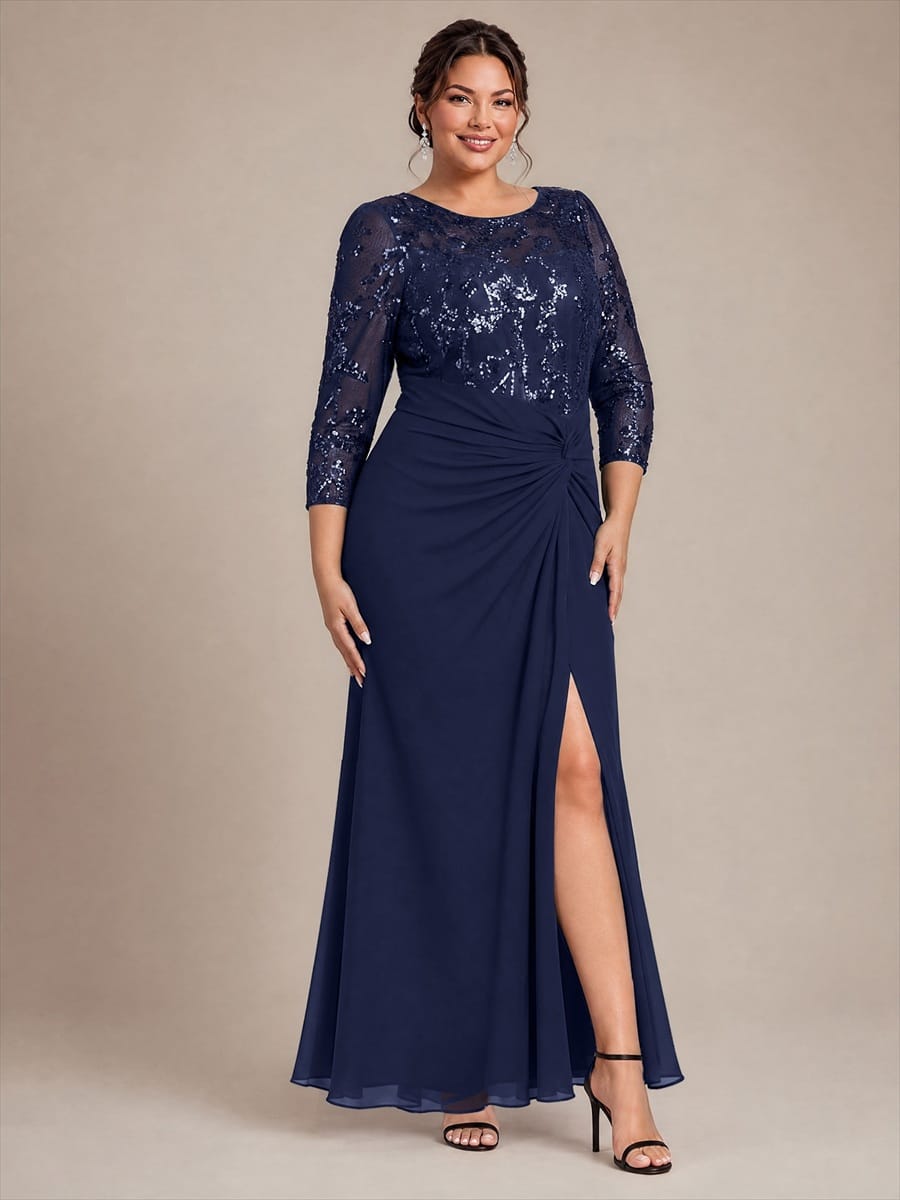 Knot Detail Sequin Maxi Round Neckline Fitted Sleeves Evening Dress #color_Navy Blue