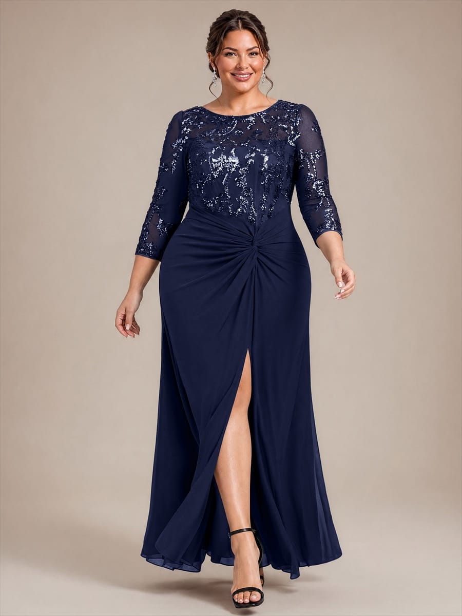 Knot Detail Sequin Maxi Round Neckline Fitted Sleeves Evening Dress #color_Navy Blue