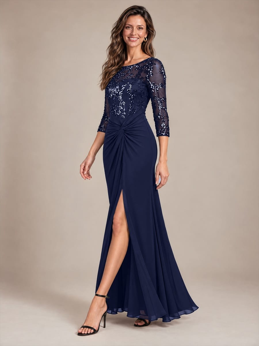 Knot Detail Sequin Maxi Round Neckline Fitted Sleeves Evening Dress #color_Navy Blue