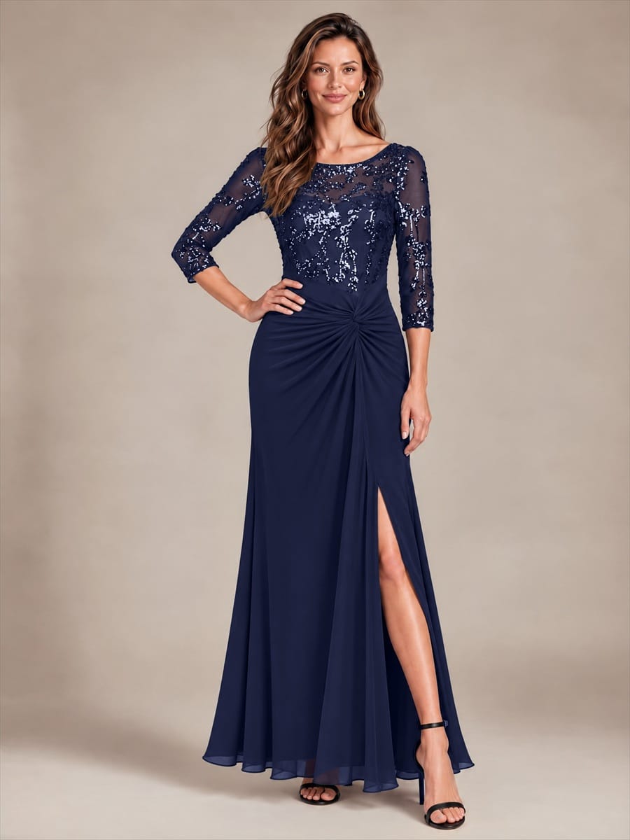 Knot Detail Sequin Maxi Round Neckline Fitted Sleeves Evening Dress #color_Navy Blue