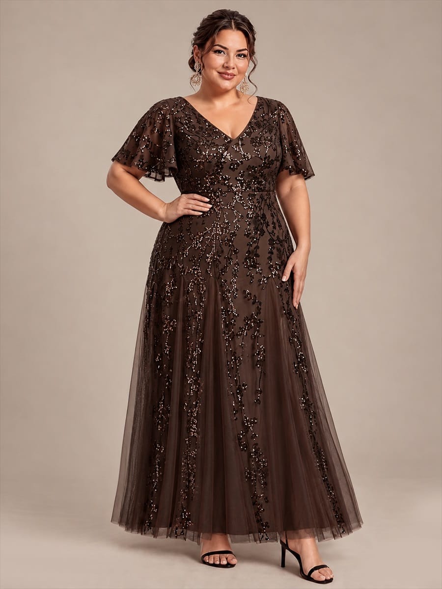 Tiered Tulle Sequin Ruffle Sleeve Dress #color_Chocolate Brown