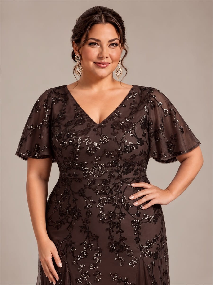 Tiered Tulle Sequin Ruffle Sleeve Dress #color_Chocolate Brown