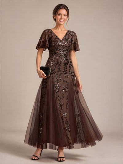 Embellished Ruffle Sleeve Maxi Evening Dress