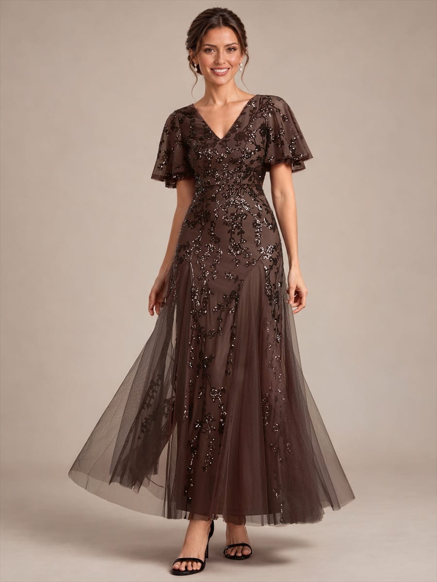 Tiered Tulle Sequin Ruffle Sleeve Dress #color_Chocolate Brown