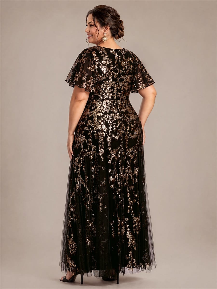 Tiered Tulle Sequin Ruffle Sleeve Dress #color_Black & Gold