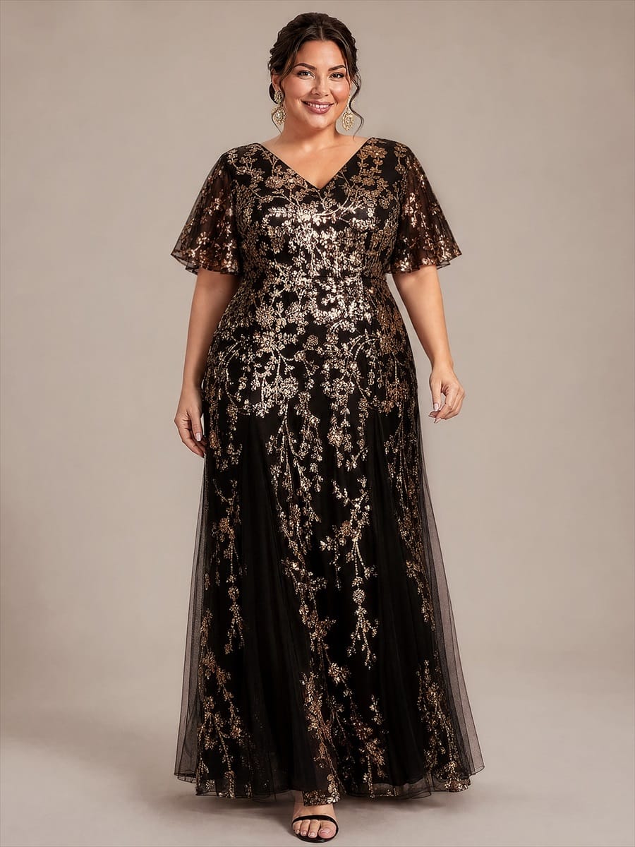 Tiered Tulle Sequin Ruffle Sleeve Dress #color_Black & Gold