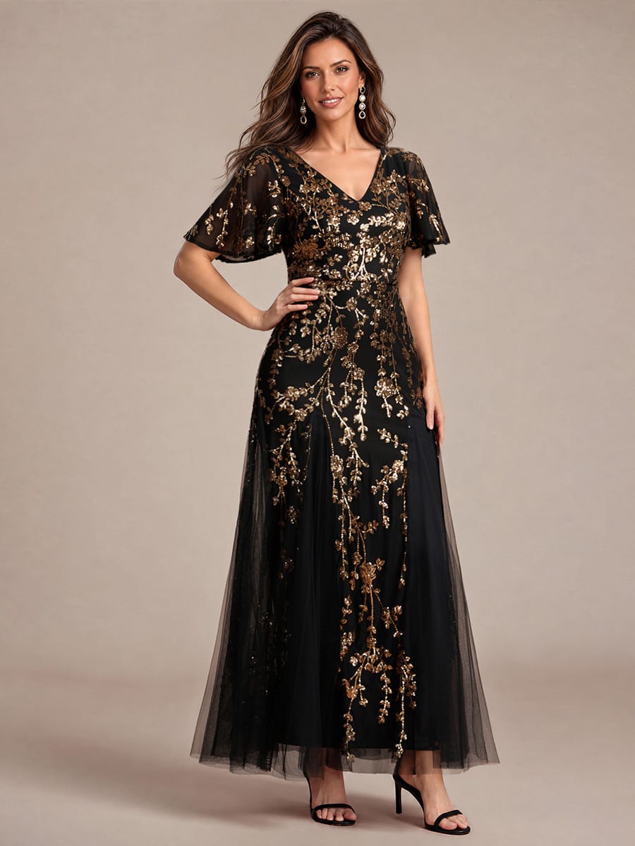 Tiered Tulle Sequin Ruffle Sleeve Dress #color_Black & Gold